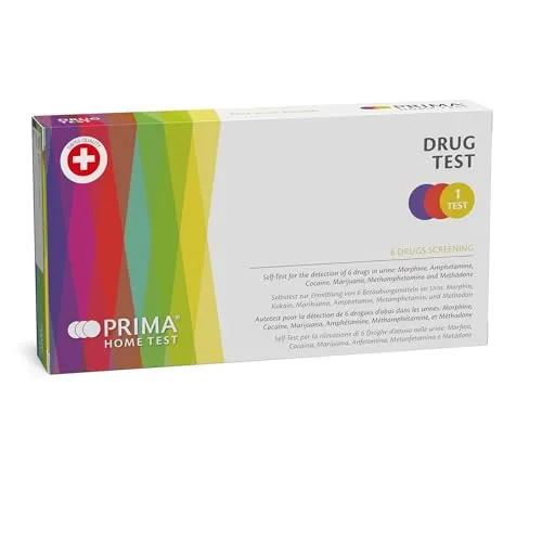 PRIMA Home Test - Drogentest (Urin) - Multi-Drogen Test 6 Drogenarten - Amphetamin, Meth Amphetamin, Kokain, Morphium, Marihuana THC Haschisch und Methadon - Schweizer Qualität
