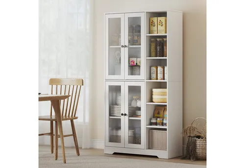 HOMCOM Küchenbuffet 172 cm groß (Schrank mit Glastüren, 1-St., Hochschrank) Großer Stauraum, Weiß
