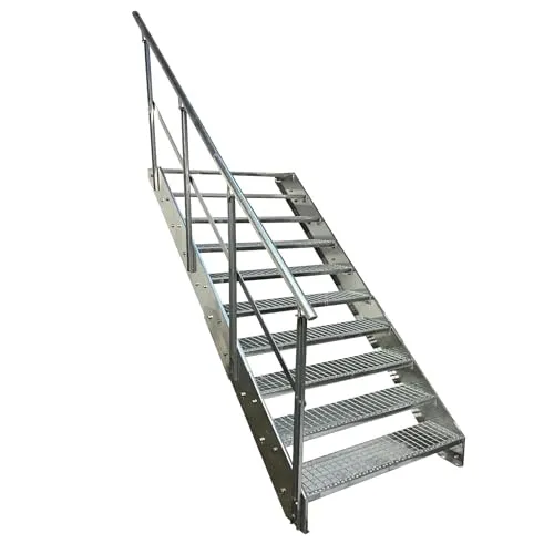 Kaminbau Mierzwa Premium Stahl Treppe mit Geländer links, 10 Stufen, verzinkt, 600 mm Breite