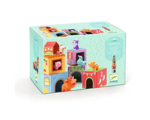 DJECO Stapelspielzeug Stapelturm Topanifarm – 6 Würfel mit 6 Bauernhoftieren - Stapelspiele für Kinder ab 18 Monaten, fördert die Motorik und Kreativität mit bunten Würfeln und niedlichen Tieren.