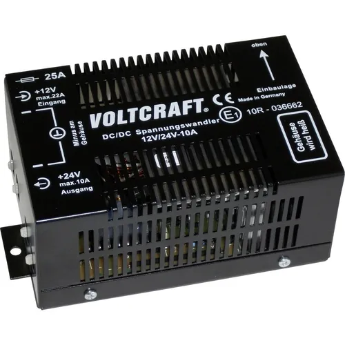 VOLTCRAFT 12/10 DC/DC-Wandler 12 V/24 V - 10 A 240 W - Wechselrichter für effiziente Spannungsumwandlung, ideal für den Einsatz in Fahrzeugen und mobilen Anwendungen.