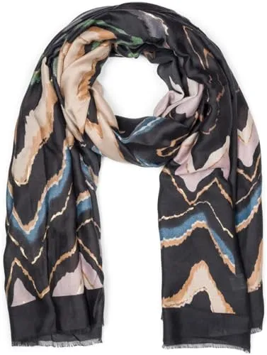 styleBREAKER Damen Schal mit buntem Zick Zack Zacken Muster und Metallic Akzenten, Stola mehrfarbig gezackt 01016221, Farbe:Schwarz-Beige