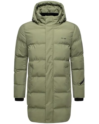 STONE HARBOUR Herren lange Steppjacke warmer Wintermantel mit wasserdichtem Verschluss, Ärmeltasche und abnehmbarer Kapuze Thadeek XX Dusty Olive Gr. 3XL