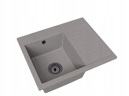 Spüle aus grauem Granit, Abtropffläche rechts, schwarzer Siphon