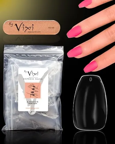 By Vixi 500 KURZ KOFFINNÄGEL mit VORBEREITUNGSFEILE, 10 Größen - Durchsichtig Express Fingernagelverlän gerungen, vollabdeckung. Für Profis & den Heimgebrauch