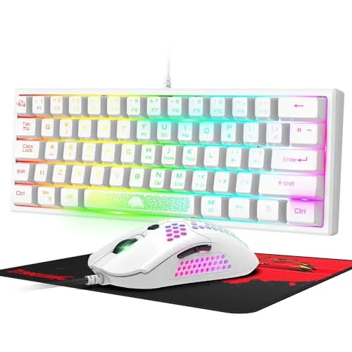 Prozent Mini Gaming Tastatur und Maus Set Weiß - Kompakte 60% Gaming-Tastatur mit RGB-Hintergrundbeleuchtung und ergonomischem Design, inklusive ultraleichter Maus mit 12000 DPI für schnelles Gaming und Büroarbeit.