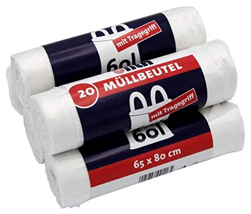 Müllbeutel/Mülltüten mit Tragegriff, 60 Liter, 20 Stück pro Rolle, Reißfest & Flüssigkeitsdicht, Produkt & Verpackung recyclebar (5er Pack) 100