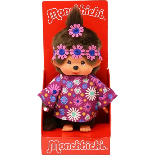 Sekiguchi 252893 - Original Monchhichi Mädchen Flower Power, ca. 20 cm großes Kuscheltier aus weichem Plüsch, ideal zum Kuscheln und Spielen