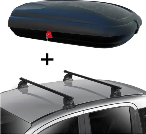 Dachbox VDPBA320 320 Liter carbonlook abschließbar + Dachträger VDP EVO Stahl kompatibel mit Mitsubishi Lancer Evo 10 4 Türer 2008-2016