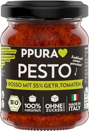 PPURA Bio Pesto Rosso mit 35% Sonnengetrockneten Tomaten | Rotes Pesto mit Parmigiano Reggiano & nat. Olivenöl Extra | Nudel-Soße Made in Italy | 100% Natürlich Ohne Zusatzstoffe | 120g Glas