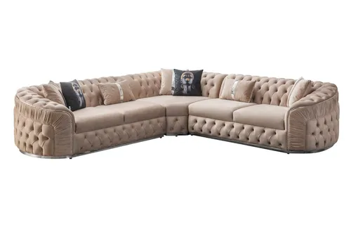 Filigranes Ecksofa in zartem Beige mit geschwungenen Linien - Elegantes Ecksofa für das Wohnzimmer, bietet Platz für bis zu 5 Personen. Der moderne Stil und der hochwertige Stoff sorgen für Komfort und ein stilvolles Ambiente.