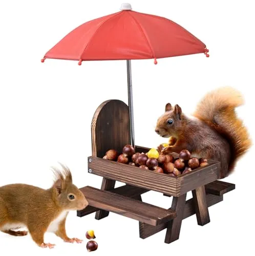 LEKEFETO Eichhörnchen Futterhaus mit Regenschirm: Holz Eichhörnchen Picknicktisch mit Maiskolbenhalter, Wetterfest Eichhörnchen-Futterstation für Eichhörnchen Chipmunk Wildlife