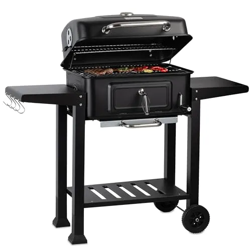 BBQ-Toro Holzkohle Grillwagen mit höhenverstellbarer Kohleschale - Grill | Vielseitiger Holzkohlegrill für direktes und indirektes Grillen, Räuchern und mehr. Inklusive integriertem Thermometer und Kurbel zur Höhenverstellung der Kohleschale.