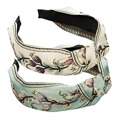 2Pcs Boho Fliege verknotet Stoff Stirnbänder verknotet Haar Bands elastische Stoff Kopfbedeckungen Vintage Blume Stirnband Turban Haarreifen für Frauen (EmbroideryDE)