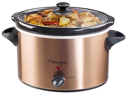 Bestron Slowcooker für 4 Personen, Schongarer mit Keramikpfanne & Glasdeckel, 3 Stufen-Thermostat, ideal für viele Gerichte wie Fleisch, Suppen & Gemüse, 3.5 Liter, Copper Collection, Farbe: Kupfer