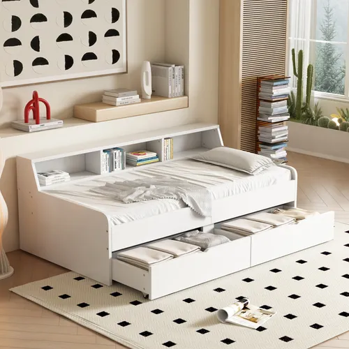 Massivholzbett mit Lattenrost und Stauraum (90x200 cm) - Jugendbett aus Kiefermassivholz mit 2 Schubladen und Regal für optimalen Stauraum. Hohe Stabilität und modernes Design, ideal für jedes Jugendzimmer.