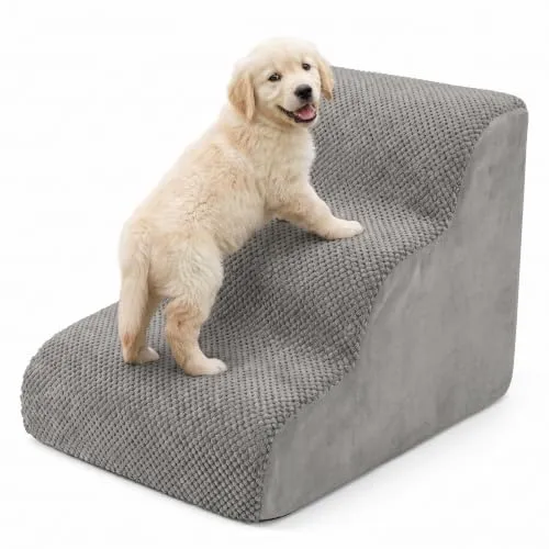 QWORK® Graue Hundetreppe, 3-Stufig, 60x40x40cm, Hochdichtem Schwamm, Abnehmbarem Waschbaren Hundetreppen
