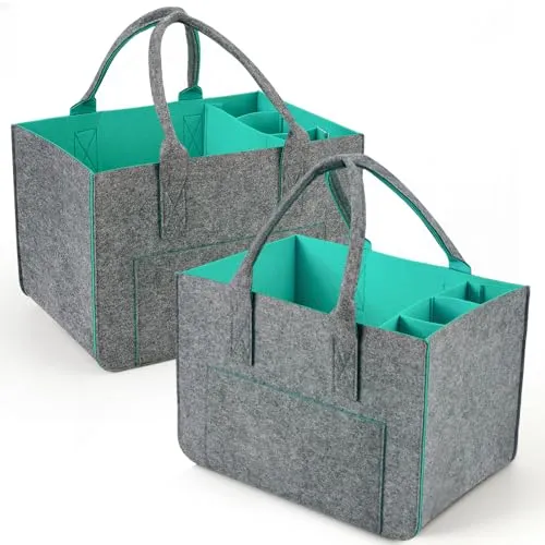 Eurhomewit Filztasche Einkaufstasche mit Fächern, Filztasche Groß 30L Faltbar und Robust Filz Einkaufskörbe Flaschentasche Kaminholztasche Kleiderkorb Spielzeugtasche (Türkis/2 Stücke)
