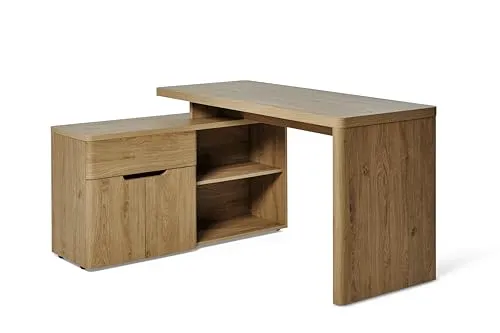 Jahnke Eckschreibtisch CU-LIBRE 150 E - Kinderschreibtisch in edlem Montana Eiche Design, wechselseitig montierbar und mit praktischem Stauraum durch Schublade und offene Fächer für optimalen Ordnung.