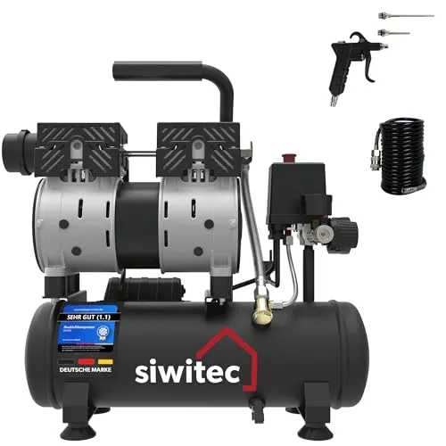 siwitec Flüsterkompressor SK-550 inkl. 5 m Druckluftschlauch und Druckluftpistole mit 2 Verlängerungsstücken | Kompressor mit 550 W, 6 L, max. 8 bar, 56 dB, 106 l/min Ansaugleistung | ölfrei