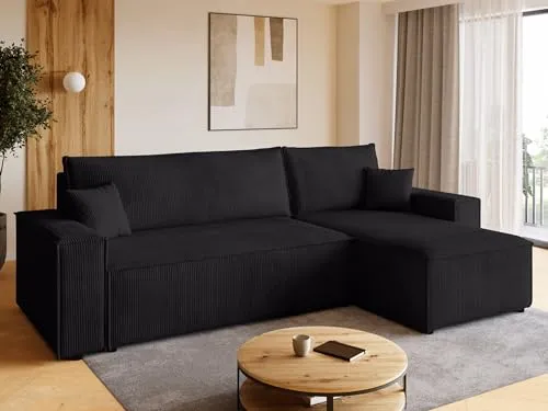 BROMARKT Sofa mit Schlaffunktion Couch L Cordstoff Sofa Bettkasten Schlafsofa für Wohnzimmer Ecksofa freistehend Adi Relaxsofa 3 sitzer 244x143x85 cm Schwarz