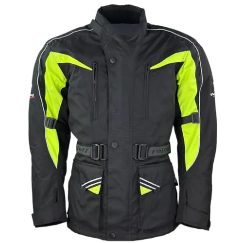 Roleff Motorradjacke RO10005 – Schwarz/Neongelb - Schutzjacke aus abriebfestem Kodra 500D, wasserdicht und atmungsaktiv, mit zertifizierten Protektoren – ideal für Touring und Alltag.