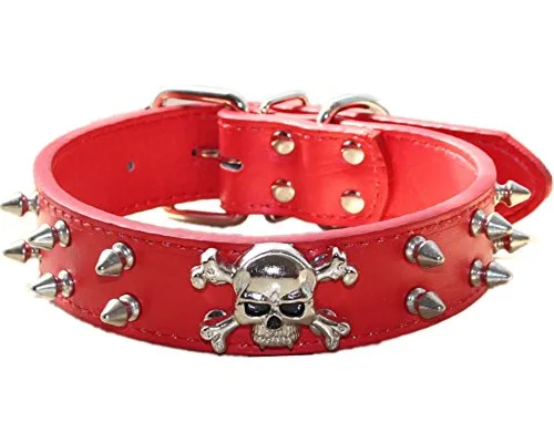 haoyueer Hundehalsband aus Leder, 2 Reihen, Kugelnieten, PU-Leder, cooles Totenkopf-Zubehör für mittelgroße und große Hunde (L, Rot)