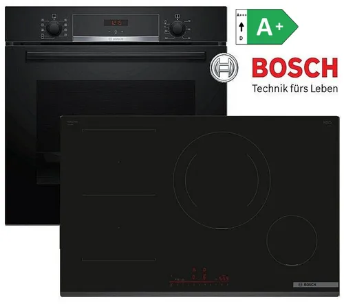 Bosch Induktion Herdset Autark Backofen Schwarz 3D - 80cm Induktion Kochfeld mit 4 Herdplatten und 1 Backofen. Genießen Sie innovative Features wie PowerBoost, 3D-Luftzirkulation und integrierte Kindersicherung für sicheres Kochen.