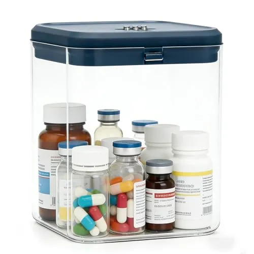 GBKDQQ Abschließbare Box, Medikamenten Aufbewahrungsbox, 14.1 * 14.1 * 16cm Kleine Transparent Abschließbare Box mit Zahlenschloss für Medikamente, Küche, Zuhause, Schule, Büro