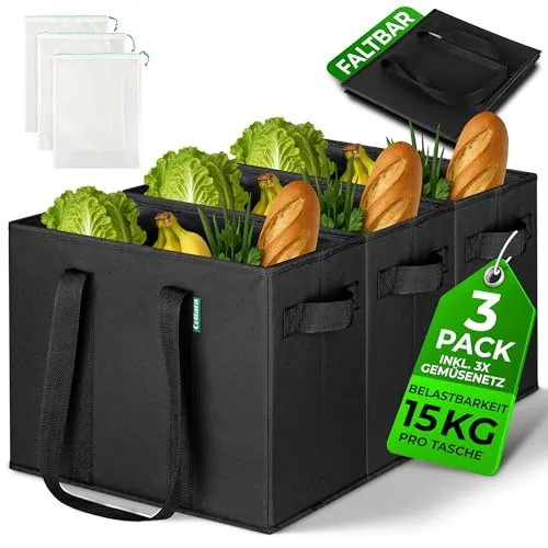 COTTARA® faltbare Einkaufstasche groß 3er Pack & Obstnetz – stabiler großer Einkaufskorb faltbar mit verstärktem Boden – Ideale Einkaufstasche für Einkaufswagen & Kofferraum – 80 L Schwarz