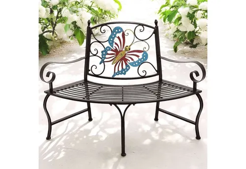 DanDiBo Halbrunde Gartenbank aus Metall, wetterfest - Viertelkreis Eisenbank in antikem Braun, ideal für Garten und Terrasse, robust und langlebig.