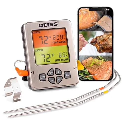 Deiss PRO Bluetooth Fleischthermometer Kabellos – Digitales Kochthermometer mit 2 Sonden, Ofenthermometer für Smoker, Grill, BBQ