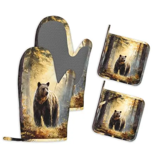Ofenhandschuhe und Topflappen 4er-Set Bärenwald Topfhandschuhe Kochhandschuhe Hitzebeständig Silikon Küchenhandschuhe Backofen Handschuhe zum Kochen Grillen und Backen