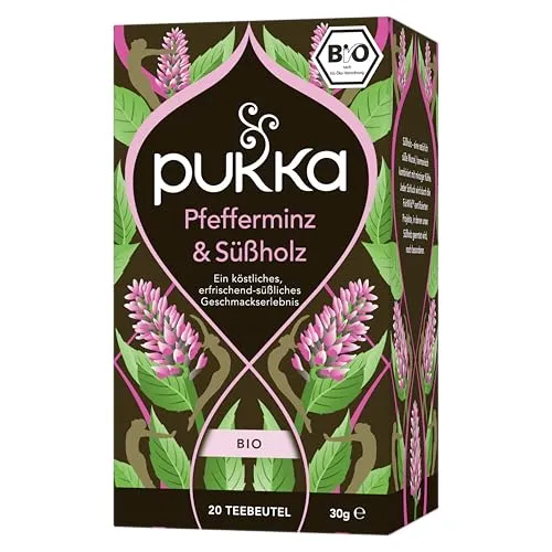 Pukka Bio Kräutertee „Pfefferminz & Süßholz“ 20 Teebeutel - Erleben Sie einen erfrischend-süßlichen Genuss mit 100% biologischen Zutaten, fair und nachhaltig gehandelt. Perfekt für entspannte Momente.