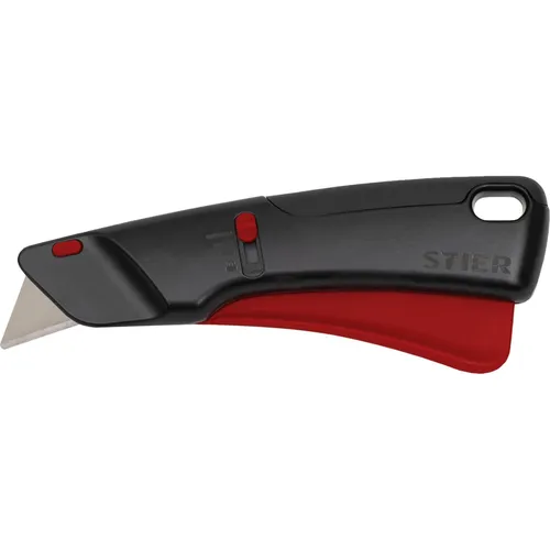 STIER Sicherheits-Cuttermesser Premium mit 10 Ersatz-Klingen - Cuttermesser mit robustem Metallgehäuse und automatischem Klingeneinzug für maximalen Schutz am Arbeitsplatz. Ideal für sicheres Schneiden von verschiedenen Materialien.