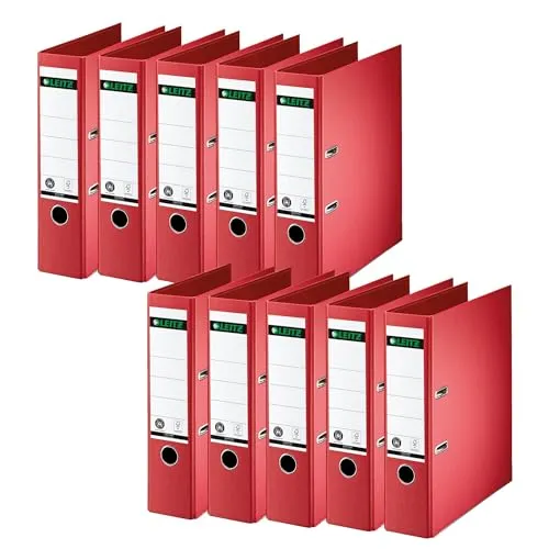 Leitz Qualitäts-Ordner 180°, 10er Pack, Rot - 10 hochwertige Ordner mit 8 cm Rückenbreite, ideal für bis zu 600 Blatt. Patentierte 180°-Mechanik für schnelles Abheften, perfekt für Büro, Schule oder Zuhause. Blauer Engel zertifiziert.