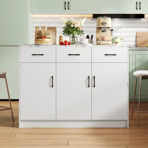 AIORBER Kücheninsel, 3 Schubladen, 3 Türen, verstellbare Einlegeböden, geräuscharme Schubladen, Marmordesign, für Esszimmer, Küche,120x60x90,5cm, Weiß