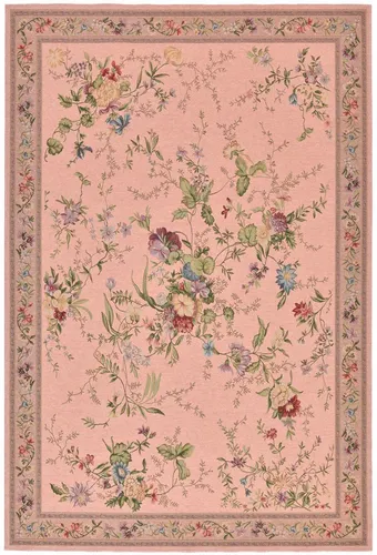 THEKO Teppich Flomi Sagrini - Rechteckiger, floraler Teppich in Rosé - Flachgewebe-Teppich, maschinell gewebt, pflegeleicht und strapazierfähig, ideal für gemütliche Wohnräume und Fußbodenheizung geeignet.