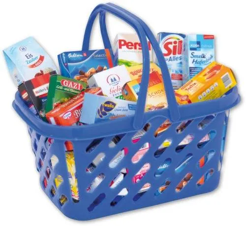Tanner Kaufladenkorb blau gefüllt - Einkaufskorb für Puppenstuben, aus hochwertigem Holz, ideal für kreatives Spielen und Rollenspiele ab 3 Jahren.