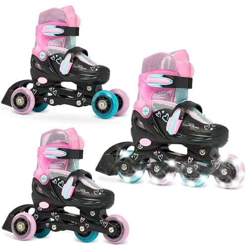 RAVEN 3in1 Inline Skates Triskates Rollschuhe Inliner für Kinder Mädchen verstellbar (Loret Glitter Black/Mint/Pink, 27-30 (16,5cm-18,5cm))