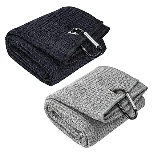 Golfhandtücher 2 Stücke Tri-Fold Mikrofaser Stoff Handtücher 60x40cm Waffel Muster Golf Towel Tuch mit Karabiner, High Saugliche Reinigungstuch für Fitness Sport Yoga Laufen Fahrrad Camping Gym