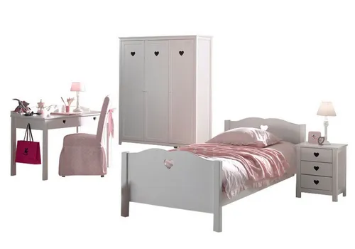 aufm Kessel Jugendzimmer-Set Kamila 10 für Mädchen - Komplettes Kinderzimmer Set aus hochwertigem MDF in Weiß, mit herzförmigen Designelementen. Inklusive Einzelbett, Nachtkonsole, Schreibtisch und 3-türigem Kleiderschrank – ideal für stilvolle und funktionale Gestaltung.