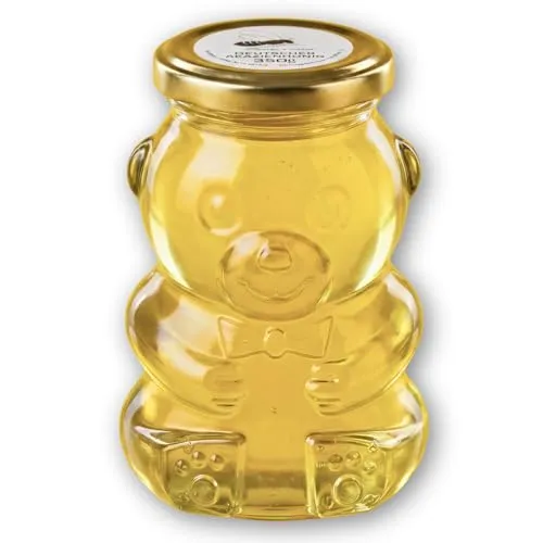 Grega's Imkerei Akazienhonig 350g im Bärenglas - Wiederverwendbar - Deutscher Robinienhonig flüssig & mild - optional Inkl. Honiglöffel aus Olivenholz - Limitiert (Nur Bären-Glas 350g)