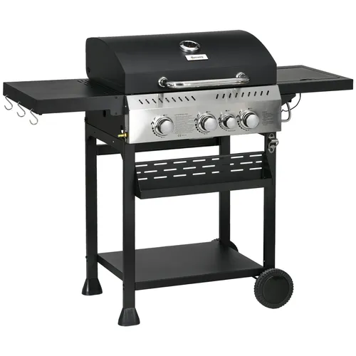 Outsunny Gasgrill mit Seitenbrenner und Thermometer - Grillwagen aus Edelstahl mit 3+1 Brennern, ideal für Balkon und Camping, sorgt für perfekte BBQ-Erlebnisse.