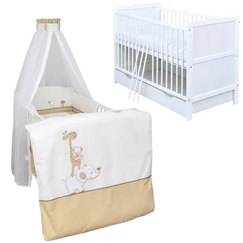 Baby-Delux Babybett Kinderbett Jack 140×70 Weiß mit Schublade und Bettwäsche Set - Hochwertiges Babybett Jack 140x70 cm aus Kiefernholz in Weiß, inkl. praktischer Schublade und süßem Bettwäsche Set. Mit höhenverstellbarem Lattenrost und Schlupfsprossen für einfaches Ein- und Aussteigen.