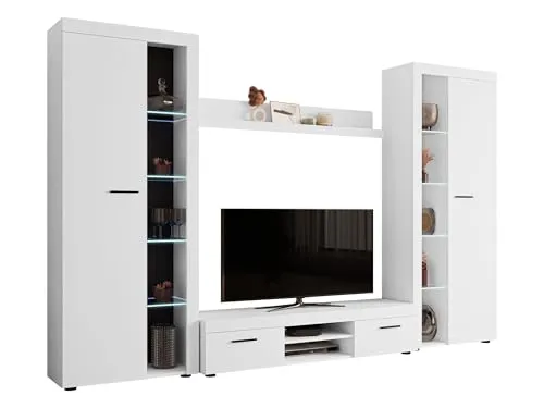 MIRJAN24 Wohnwand Farso XL, modernes Wohnzimmer-Set mit Beleuchtung - Wohnwände: Stilvolle Schrankwand mit weißer Beleuchtung, ideal für ein modernes Wohnzimmer und optimaler Stauraum.