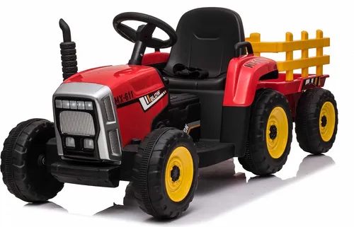 Kinder Elektroauto Traktor WORKERS mit Anhänger, Rot, Hinterradantrieb, Lithium-Akku, Rädern, breitem Sitz, 2,4-GHz-Fernbedienung, MP3-Player und SD-Eingang, LED-Leuchten