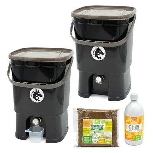 FairFox Bokashi Komposteimer Küche 2er Set [Geruchsdicht] 2 x 19 L Volumen, Küchenabfalleimer, Komposter mit Zubehör 1 L EM + 1 Kg Bokashi Ferment für Küchenabfall & Kompostieren | Biomülleimer