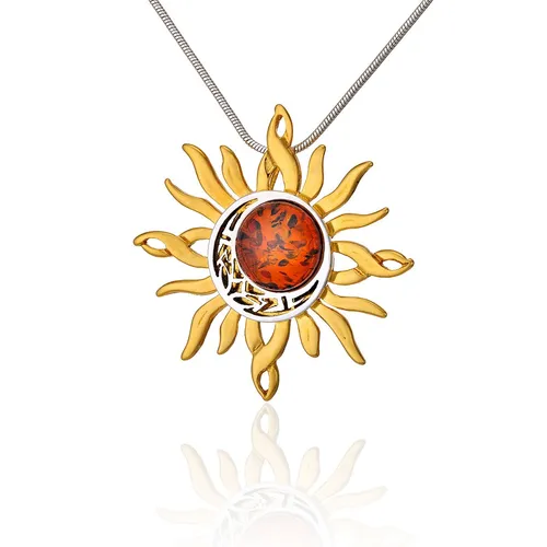 Silber, Vergoldet Halskette Keltischer Sonne und Mond mit Bernstein