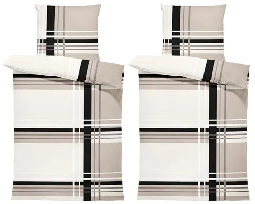 one-home Winter Biber Bettwäsche Baumwolle Kuschelig Flauschig Warme Weiche Bettbezüge Modern, Größe:4 teilig 135x200 cm, Farbe:Grafisch Gestreift beige